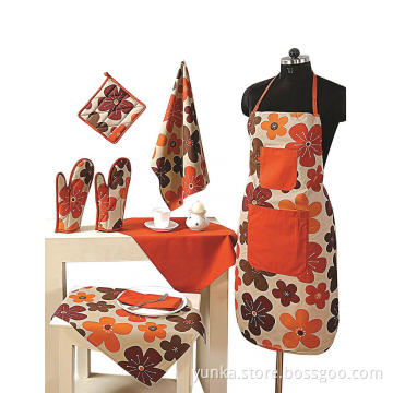 Set of Apron include Bib Apron  Oven Mitt Pot Holder Kitchen Towel Beautiful Flower Design